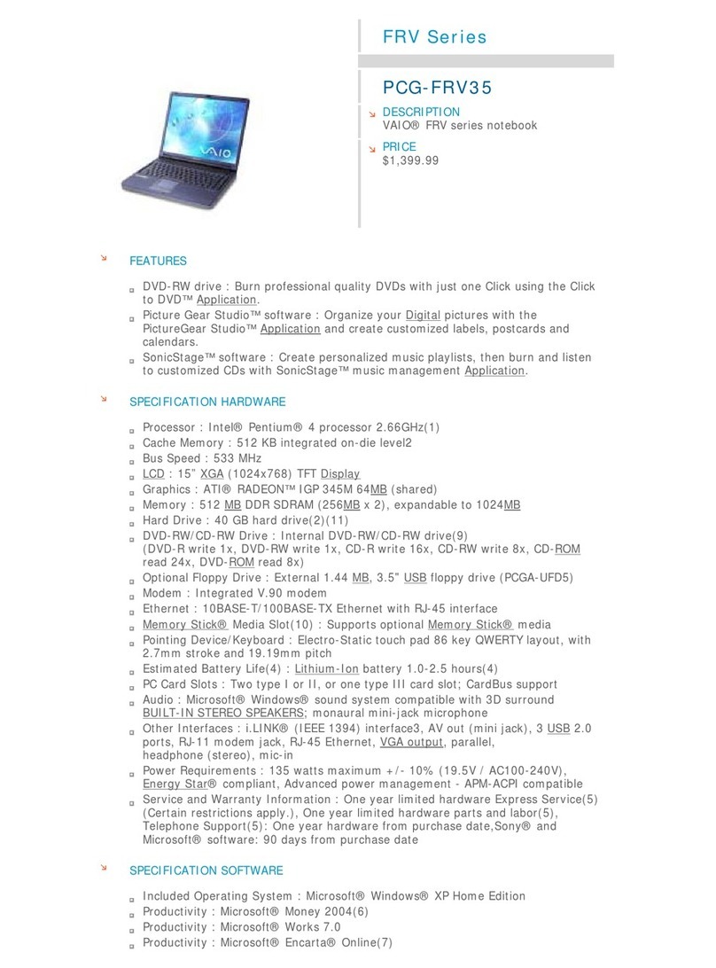 Sony PCG-FRV35 - VAIO - Pentium 4 2.66 GHz Service and warranty information