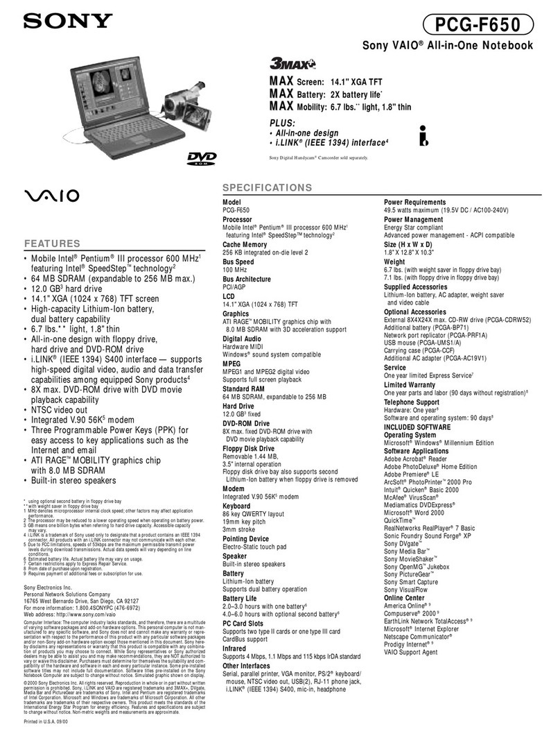 Sony VAIO PCG-F650 Specifications