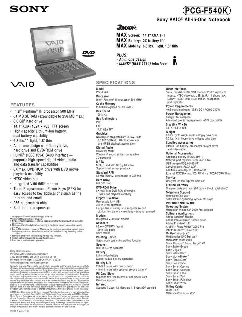 Sony VAIO PCG-F540K Specifications