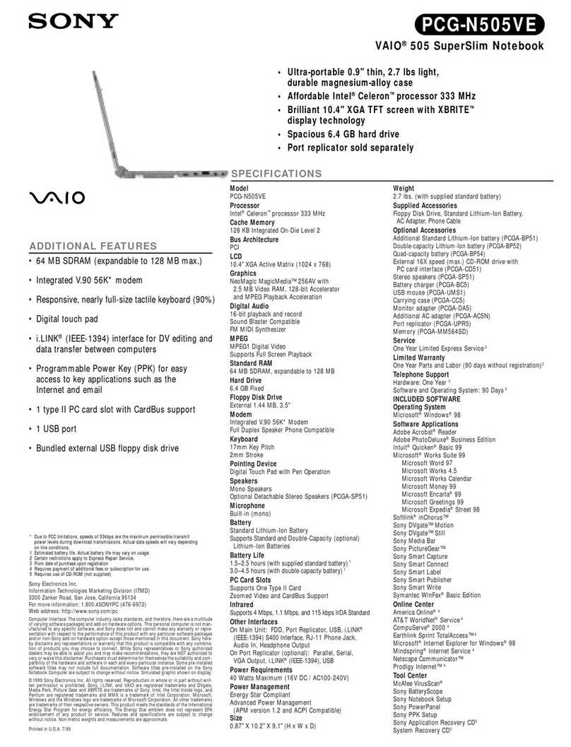 Sony VAIO PCG-N505VE Specifications