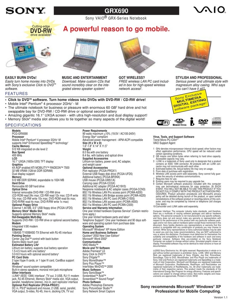 Sony VAIO PCG-GRX690 Service and warranty information