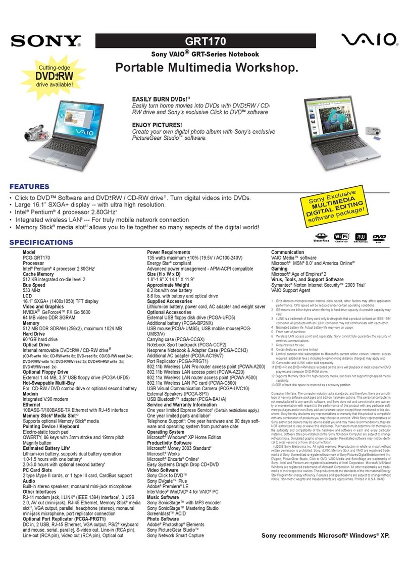 Sony Vaio PCG-GRT170 Specifications