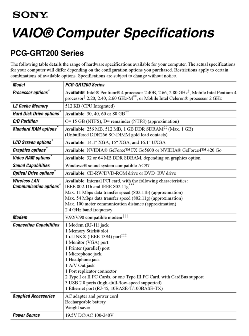 Sony VAIO PCG-GRT230 Specifications