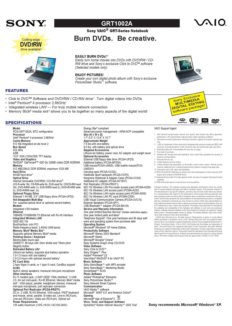 Sony Vaio PCG-GRT100 Series Specifications