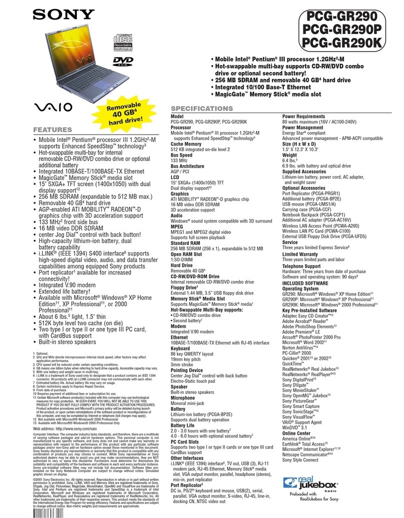 Sony PCG-GR290 Specifications
