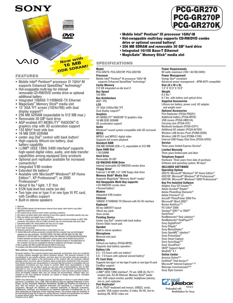 Sony PCG-GR270 Specifications