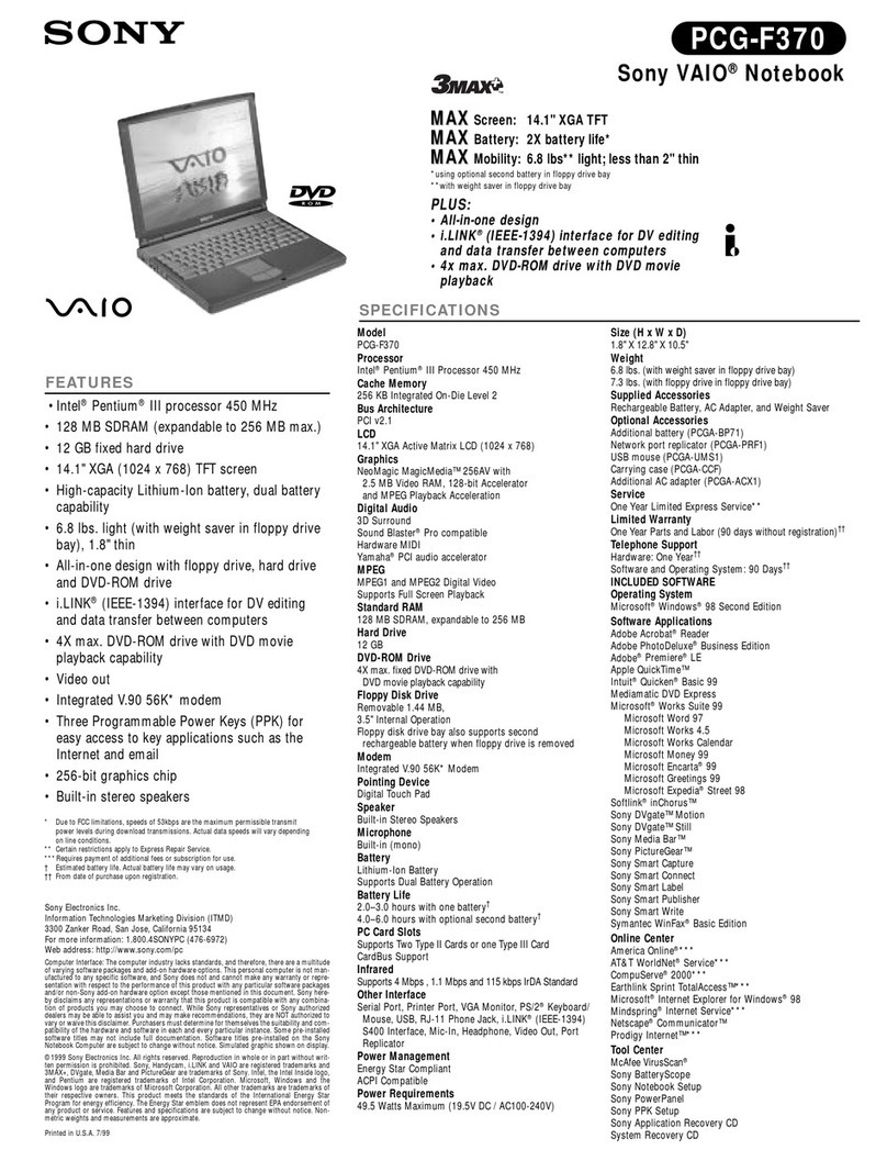 Sony VAIO PCG-F370 Specifications