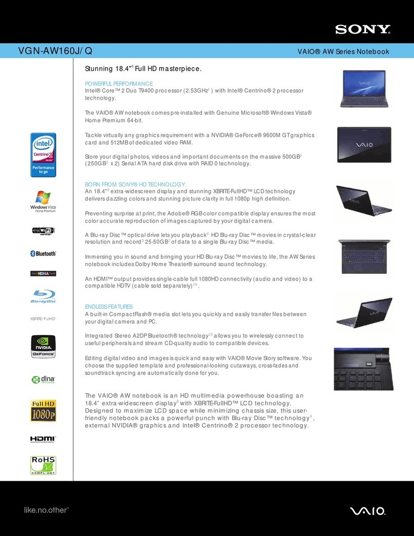 Sony VGN-AW160J - VAIO AW Series Specifications
