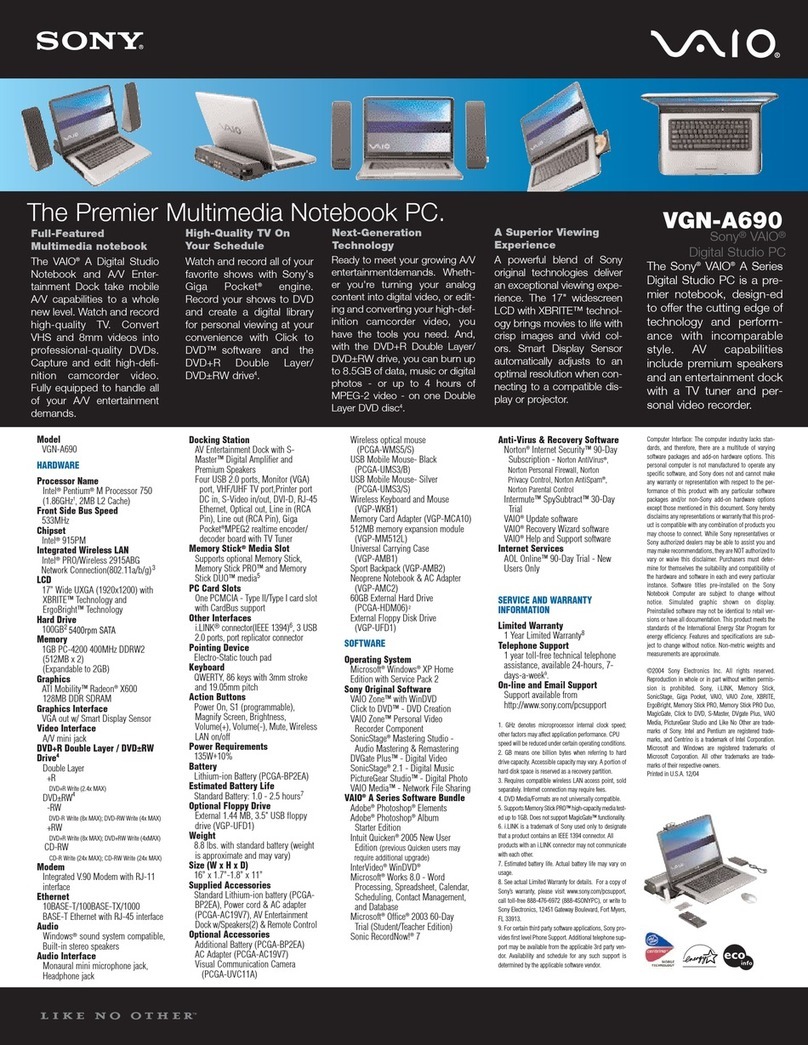 Sony VGN-A690 - VAIO - Pentium M 1.86 GHz Specifications