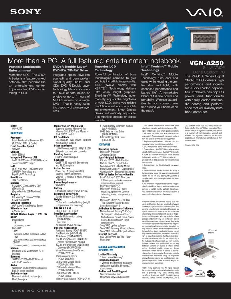 Sony VAIO VGN-A250 Specifications