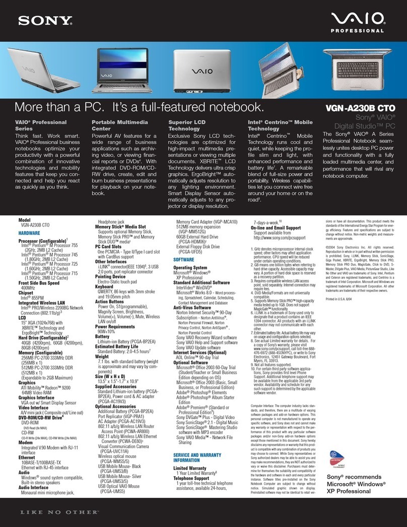 Sony VGN-A230B - VAIO - Pentium M 1.5 GHz Service and warranty information