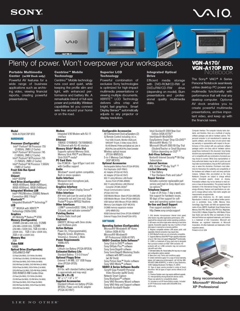 Sony VAIO VGN-A170 User manual