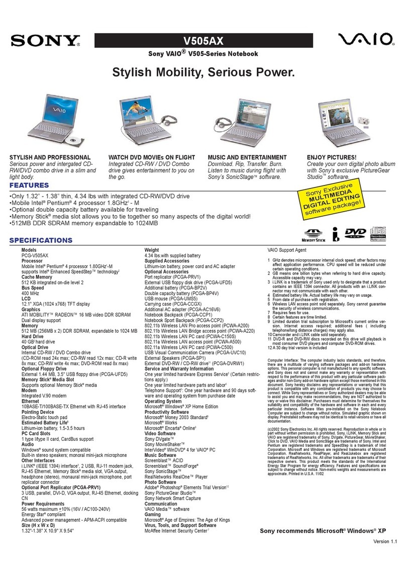 Sony Vaio PCG-V505AX Service and warranty information