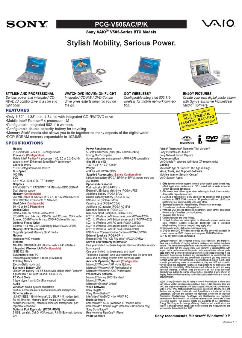 Sony PCG-V505AC Service and warranty information