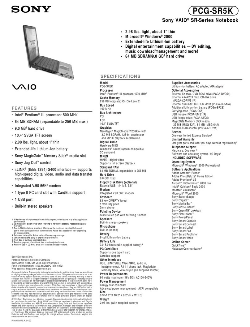 Sony VAIO PCG-SR5K Specifications