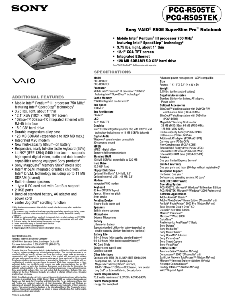 Sony PCG-R505TE Primary Specifications