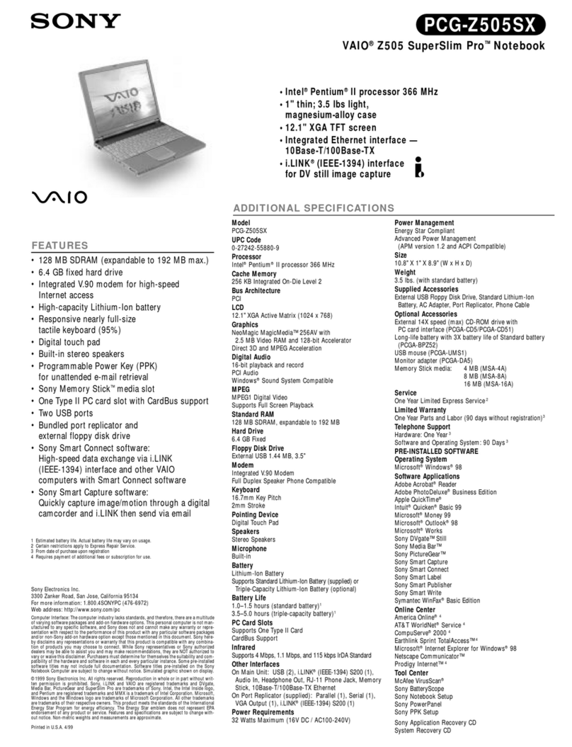 Sony PCG-Z505SX Specifications