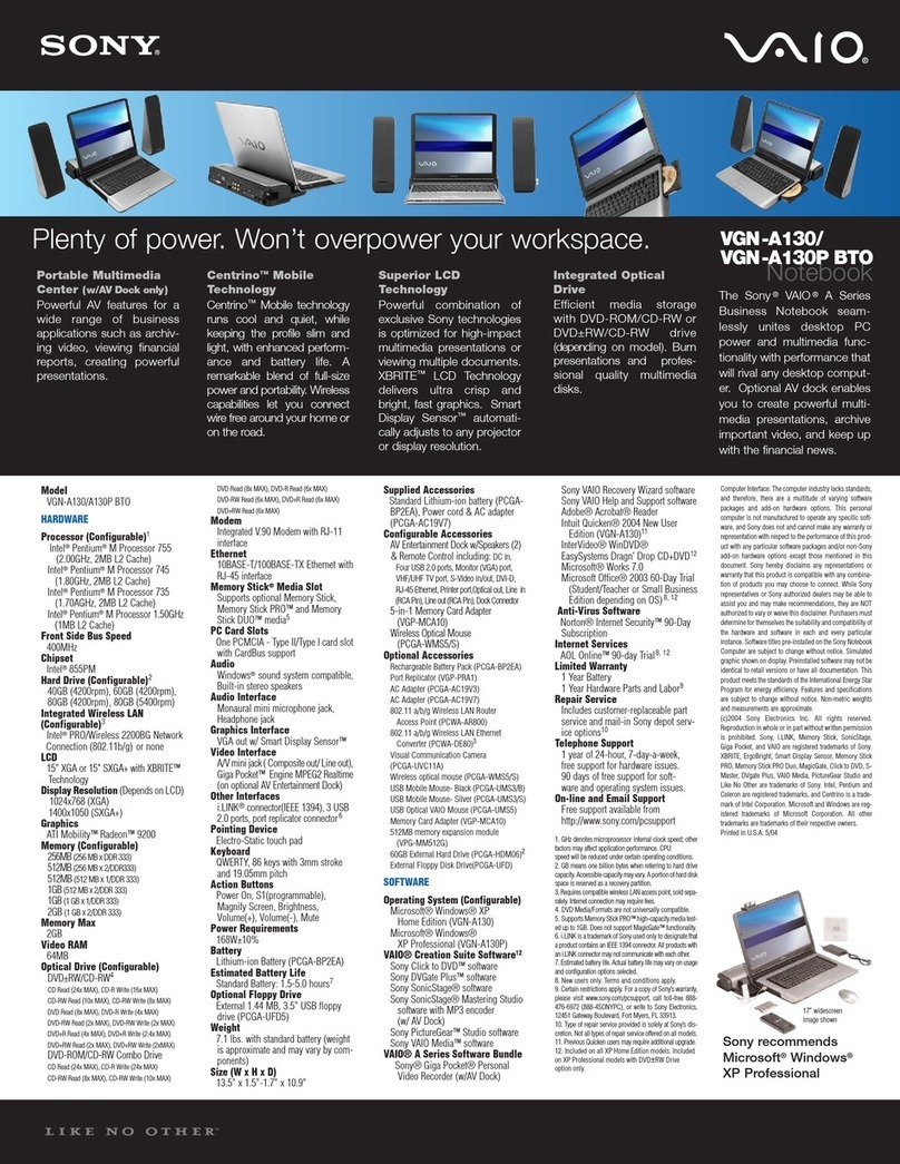 Sony VAIO VGN-A130 Specification sheet