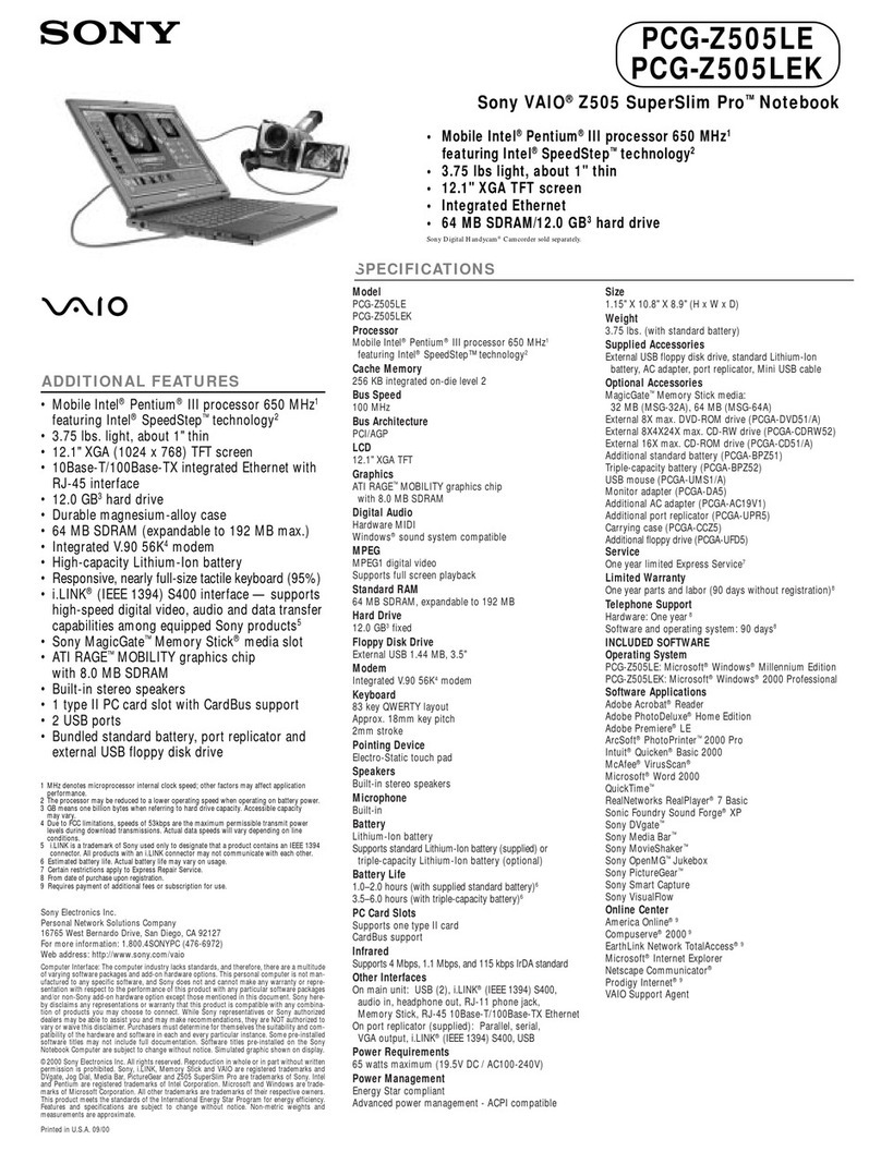 Sony VAIO PCG-Z505LE Specifications