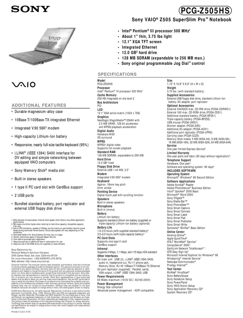 Sony VAIO PCG-Z505HS Specifications