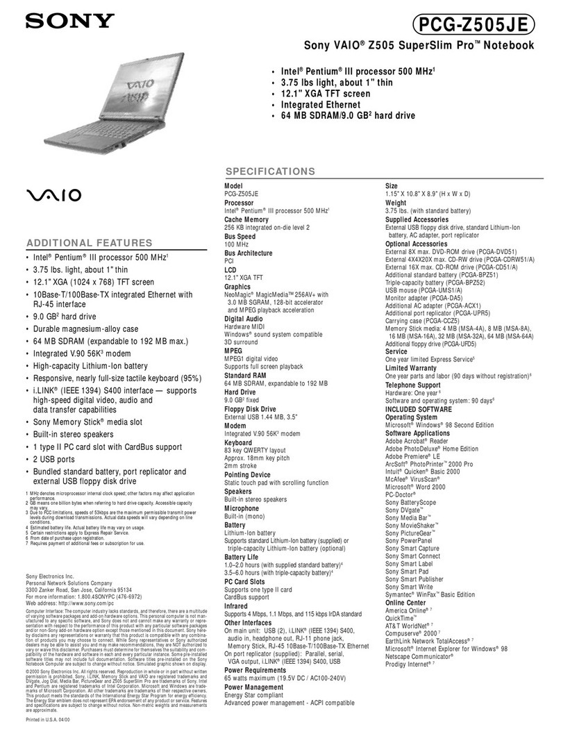 Sony PCG-Z505JE - VAIO - PIII 500 MHz User manual