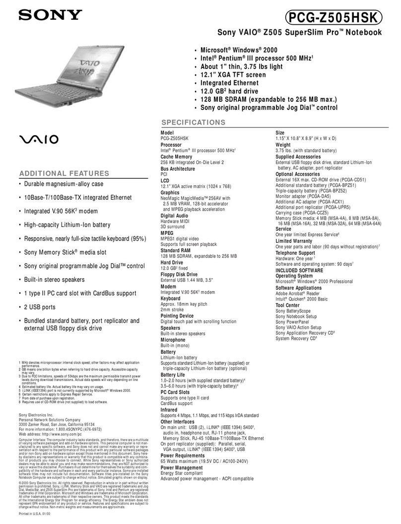 Sony VAIO PCG-Z505HSK Specifications