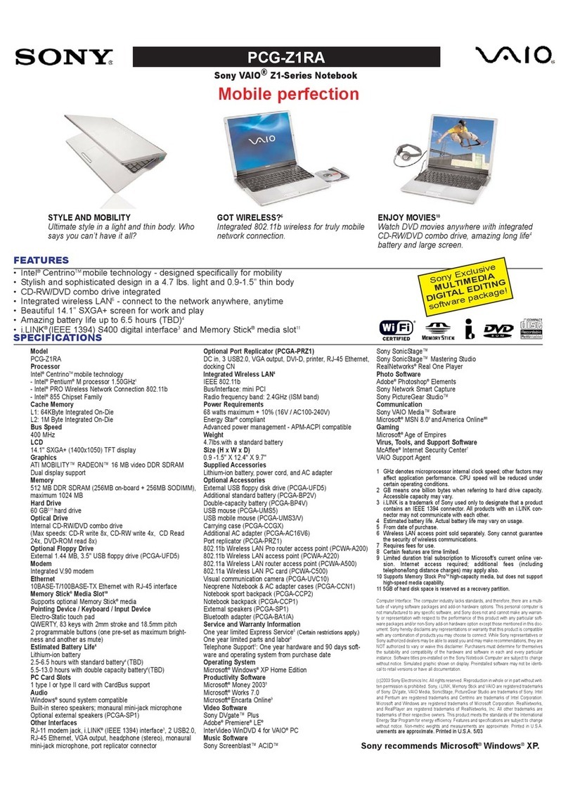 Sony VAIO PCG-Z1RA Series Specifications