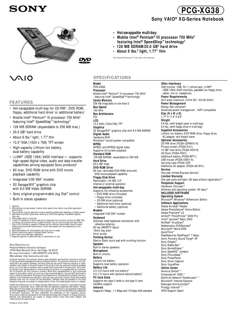 Sony VAIO PCG-XG38 Specifications
