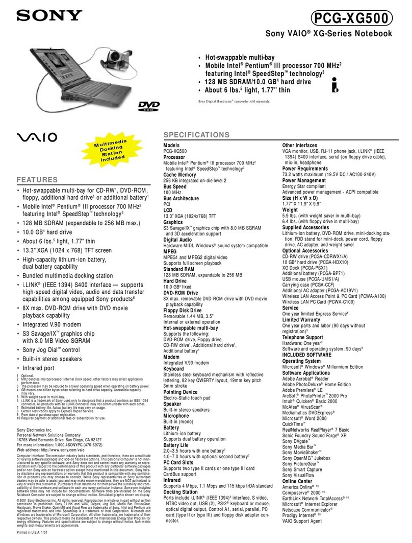 Sony VAIO PCG-XG500 Specifications