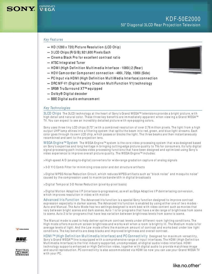 Sony KDF50E2000 - 50" Rear Projection TV Specifications