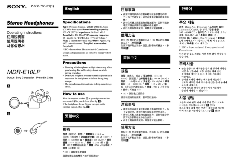 Sony MDR-E10LP - Stereo Headphones operating instructions
