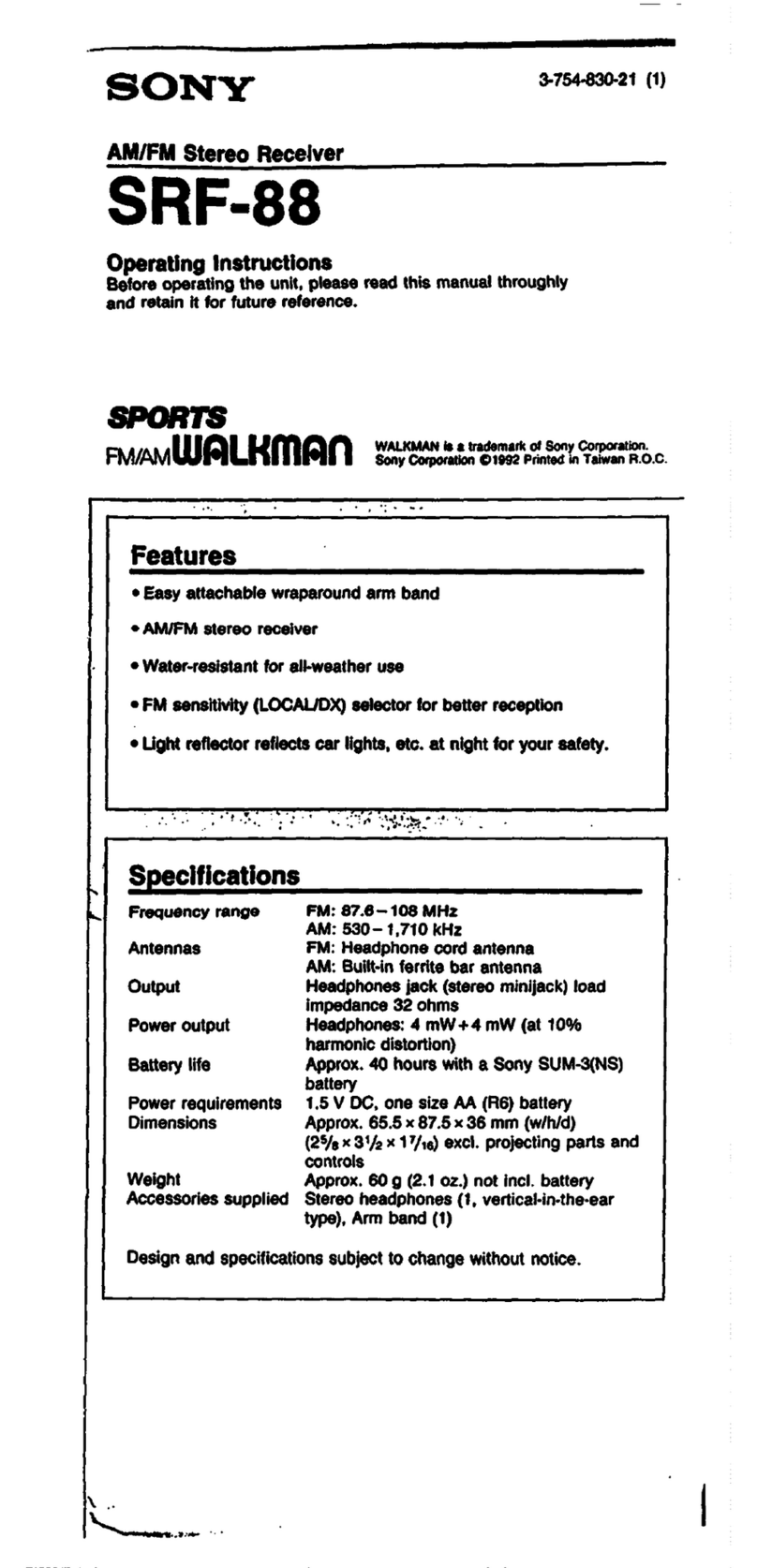 Sony Sports Walkman SRF-88 User manual