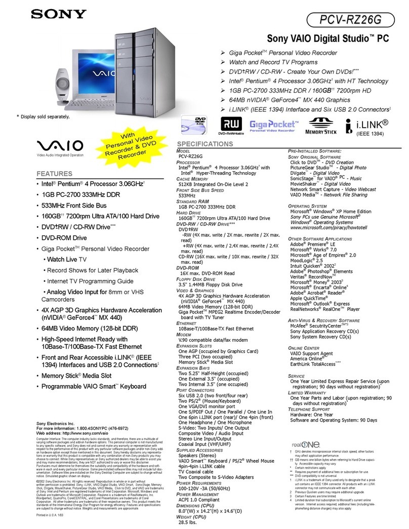 Sony PCV-RZ26G - Vaio Desktop Computer User manual