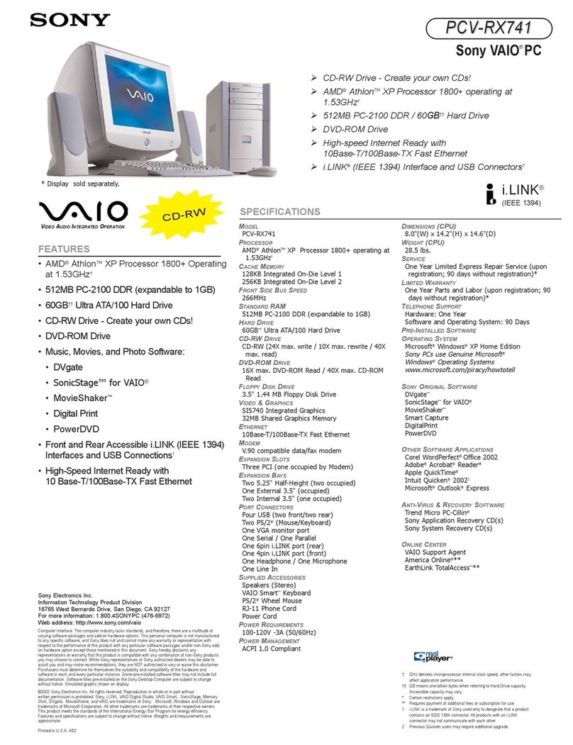 Sony PCV-RX741 - Vaio Desktop Computer User manual Sony PCV-RX741 - Vaio Desktop Computer User manual