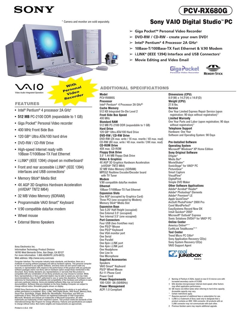 Sony PCV-RX680G - Vaio Desktop Computer Specifications