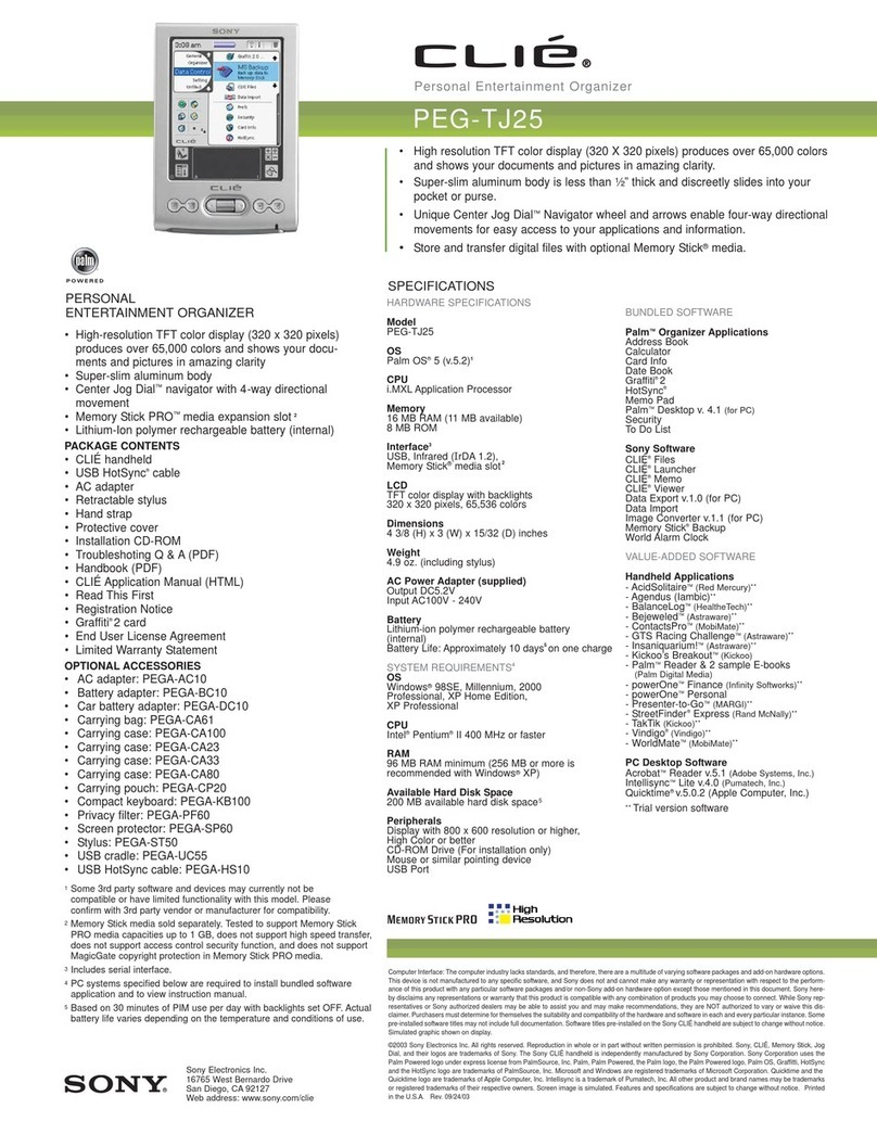 Sony PEG-TJ25 CLIE Handbook  (primary manual) Specifications