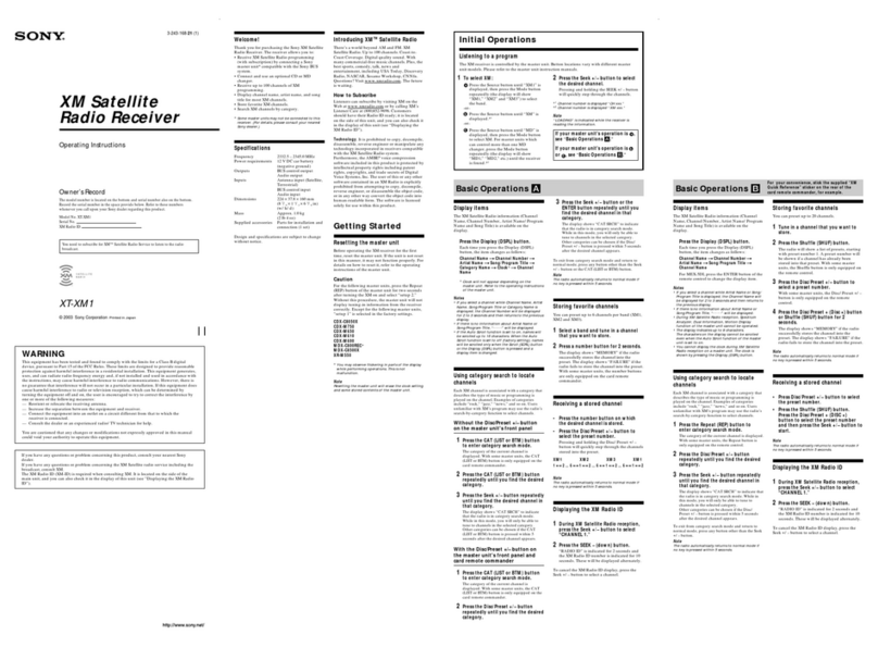 Sony XT-XM1 - Xm Satellite Radio Tuner operating instructions