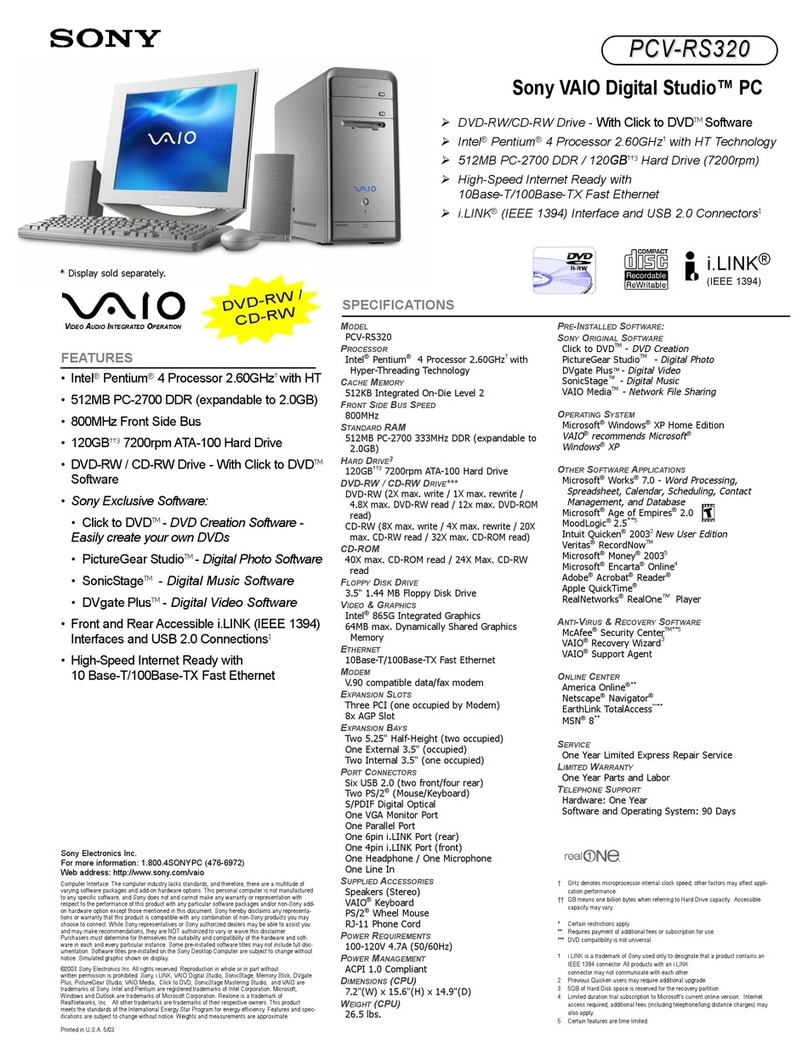 Sony PCV-RS320 - Vaio Desktop Computer User manual Sony PCV-RS320 - Vaio Desktop Computer User manual