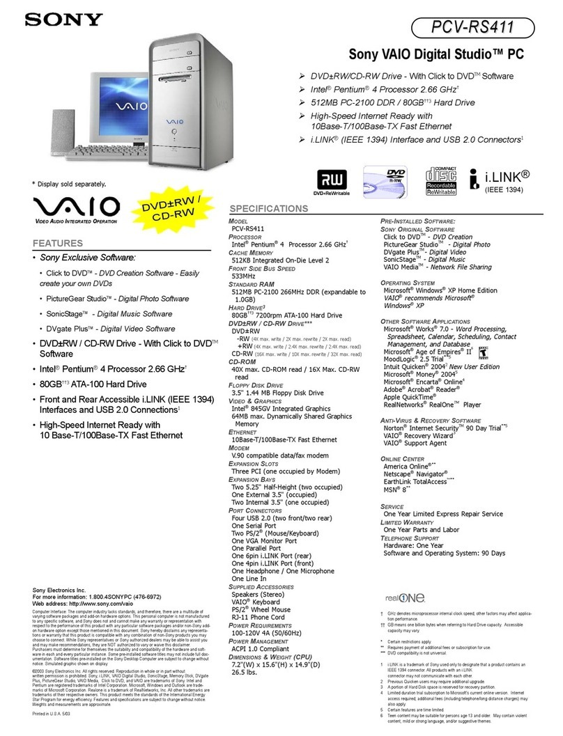 Sony PCV-RS411 - Vaio Desktop Computer Specifications