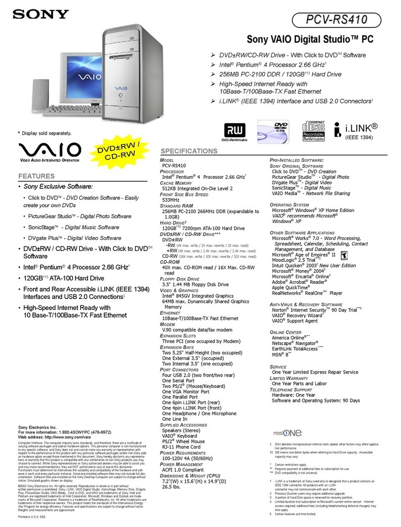 Sony PCV-RS410 - Vaio Desktop Computer User manual