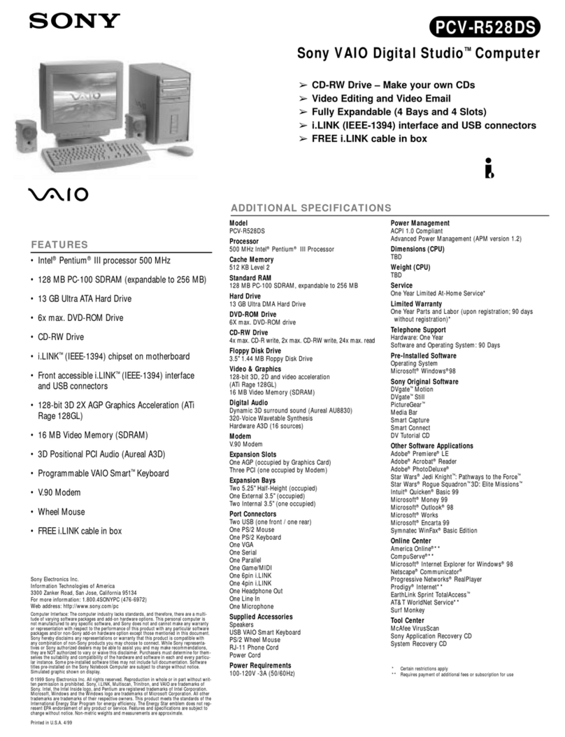 Sony PCV-R528DS - Vaio Digital Studio Desktop... User manual