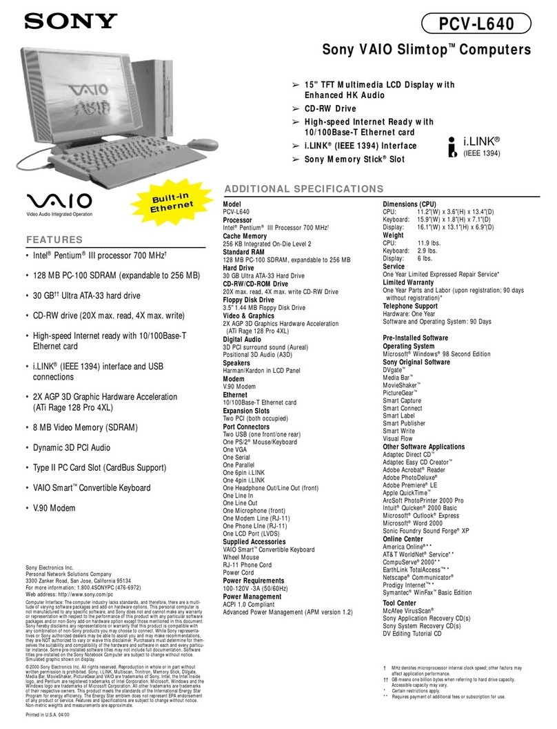 Sony PCV-L640 - Vaio Slimtop Computer User manual Sony PCV-L640 - Vaio Slimtop Computer User manual
