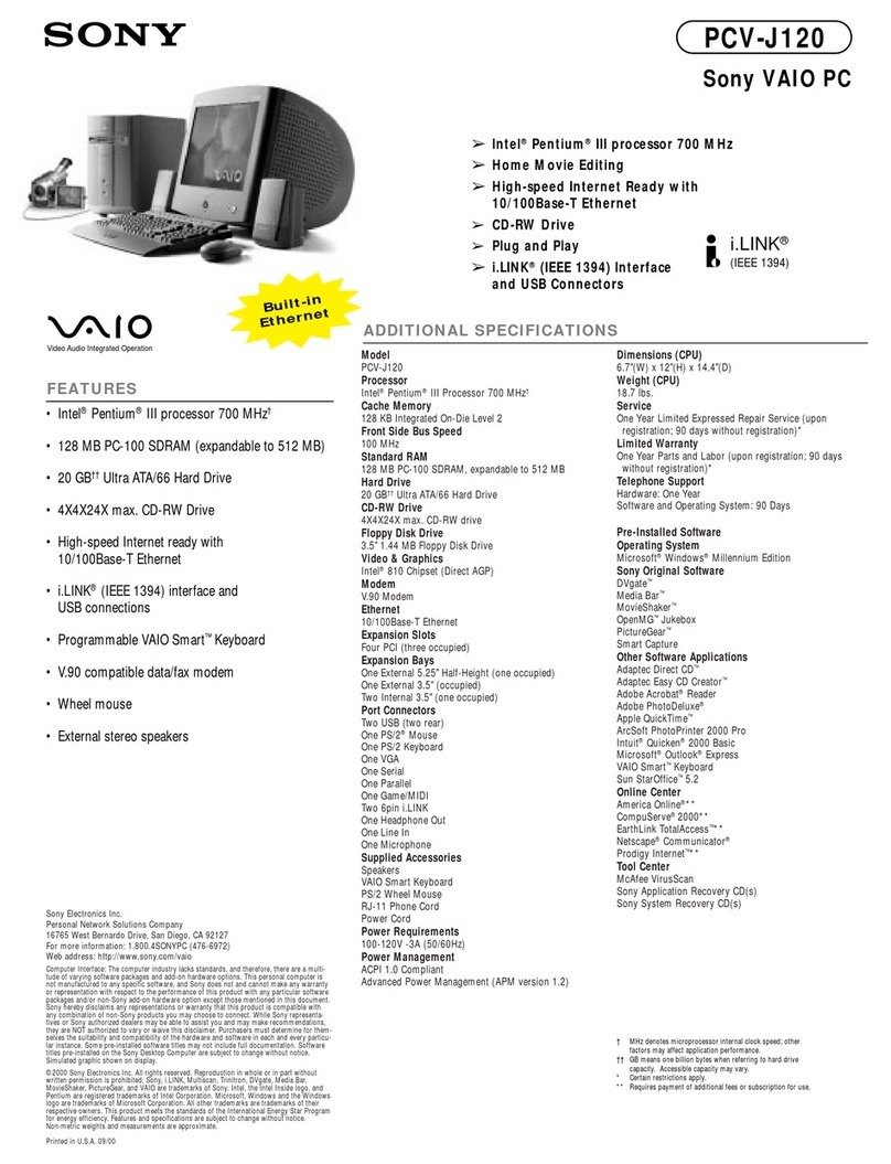 Sony PCV-J120 - Vaio Desktop Computer User manual