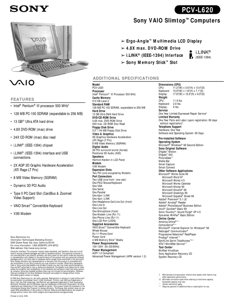 Sony PCV-L620 - Vaio Slimtop Computer Specifications