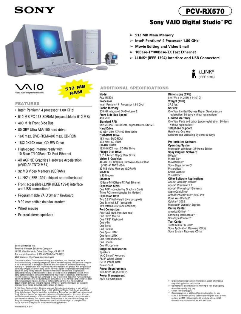 Sony PCV-RX570 - Vaio Desktop Computer Specifications