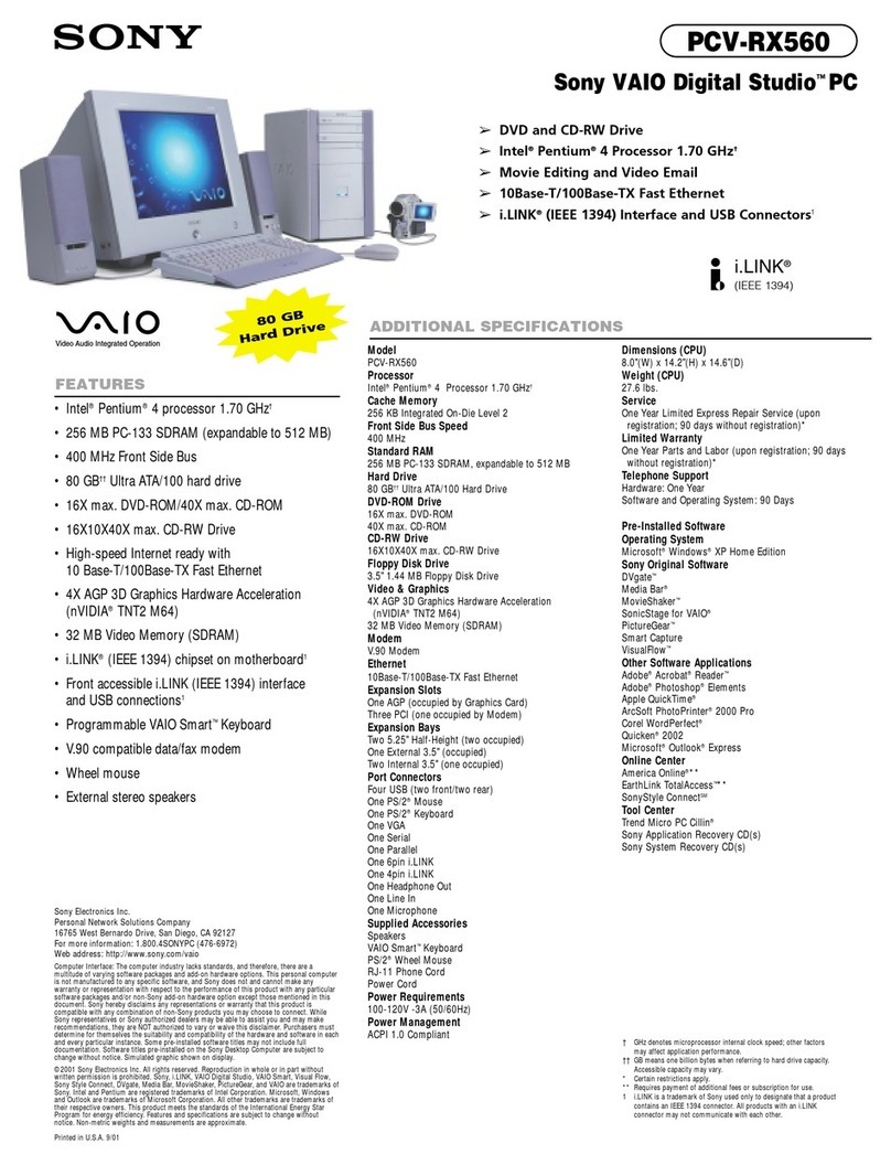 Sony PCV-RX560 - Vaio Desktop Computer User manual