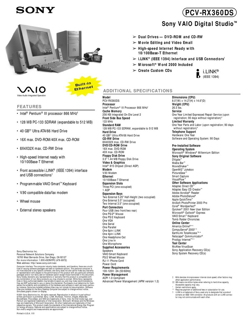 Sony PCV-RX360DS - Vaio Digital Studio Desktop... User manual