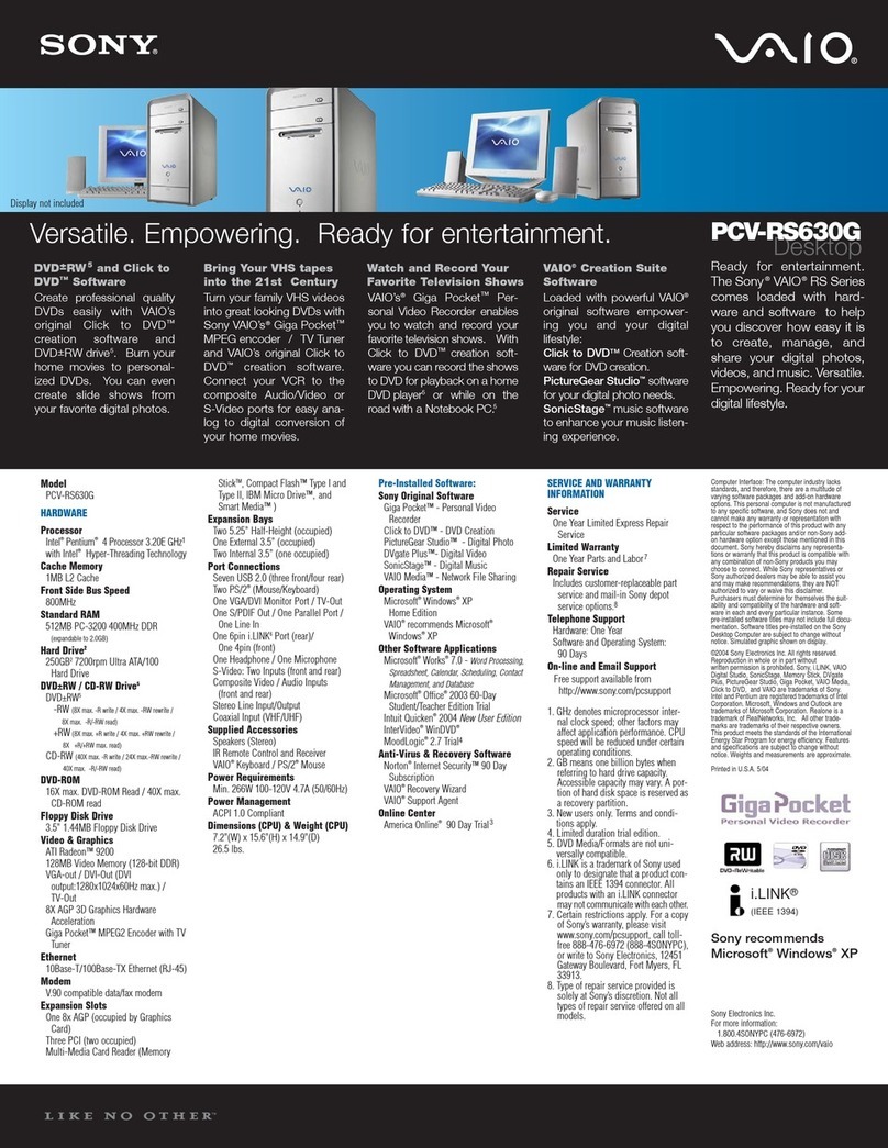 Sony PCV-RS630G - Vaio Desktop Computer Specifications