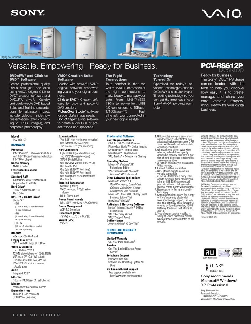 Sony PCV-RS612P - Vaio Desktop Computer Specifications Sony PCV-RS612P - Vaio Desktop Computer Specifications