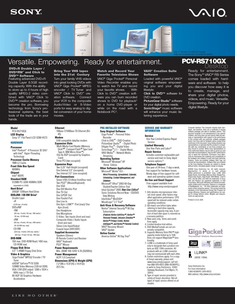 Sony PCV-RS710GX - Vaio Desktop Computer User manual
